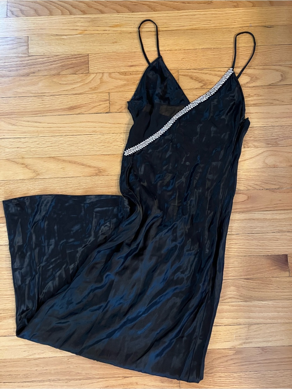 Zara Black Satin Slip Dress with Rhinestone Trim